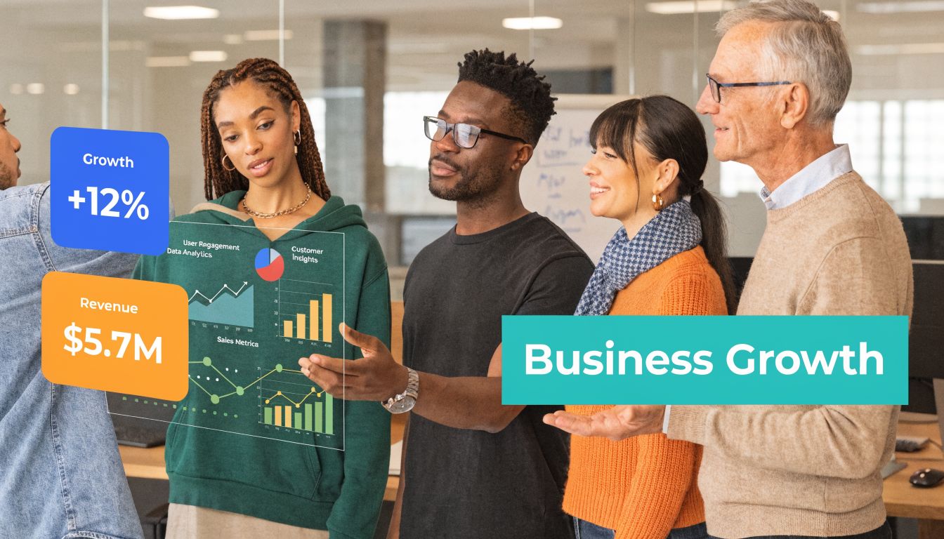 A diverse business team collaborating on business growth strategies using interactive digital data visualizations in office.