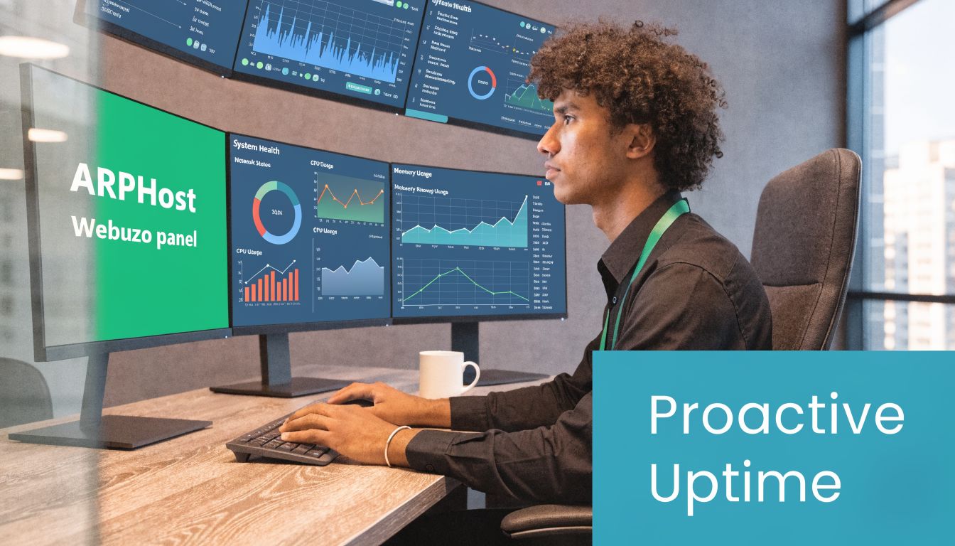 A professional IT specialist monitoring server health and performance metrics on a multi-screen workstation in an office.
