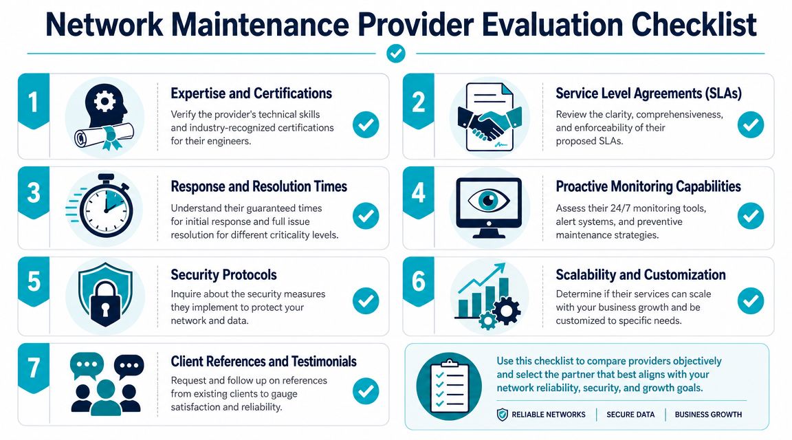 A seven-point infographic checklist for evaluating network maintenance service providers to ensure business reliability and security.