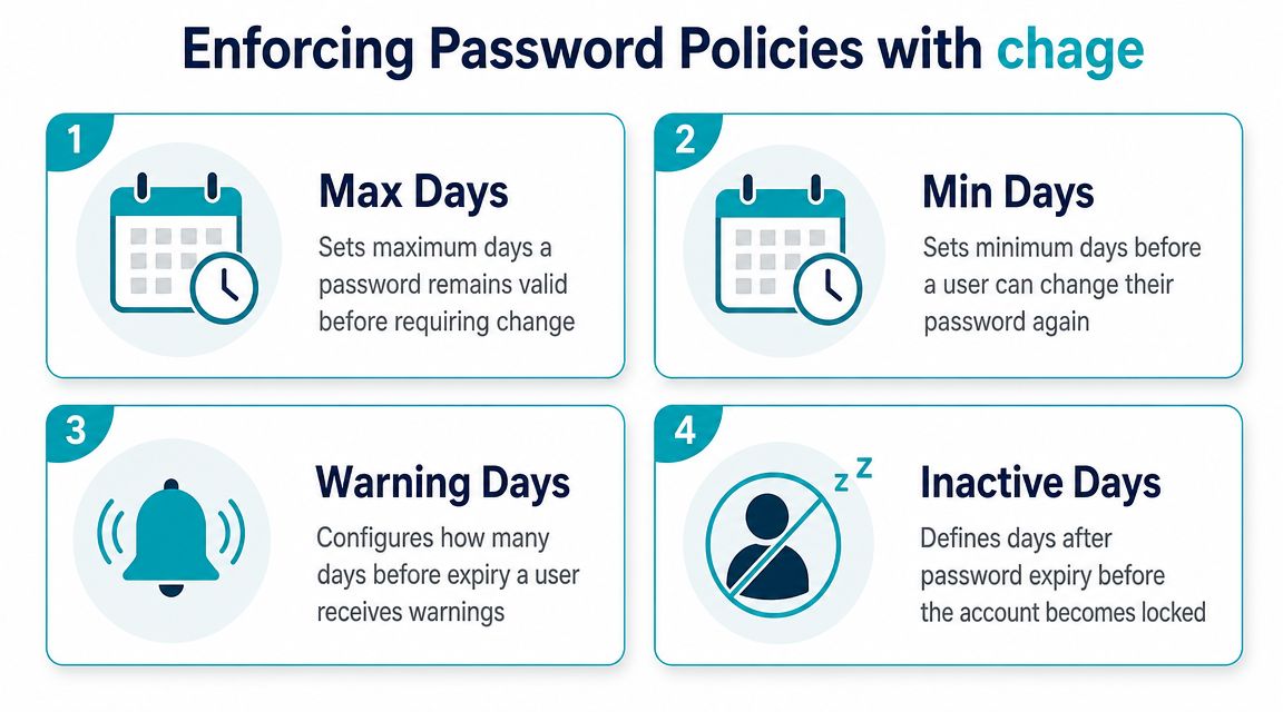 A visual guide explaining how to manage Linux password policies using the chage command and its options.