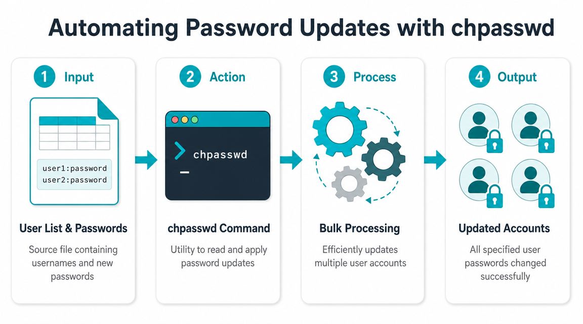 A diagram illustrating the automated Linux password update process using the chpasswd command-line utility.