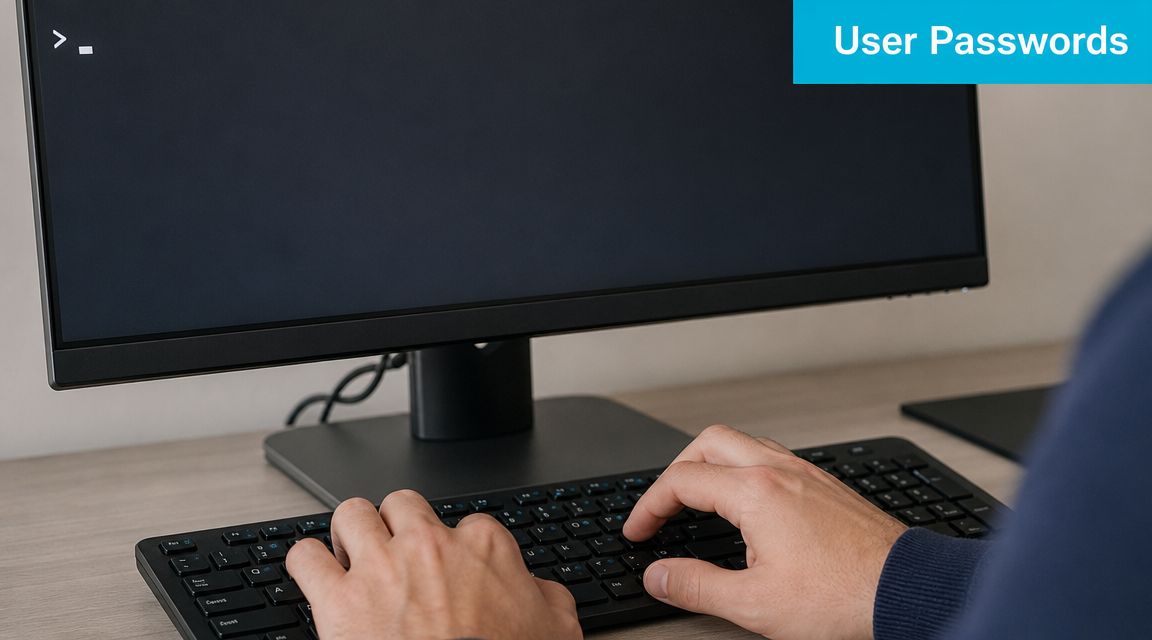 A close-up view of a person typing on a computer keyboard in front of a Linux terminal.