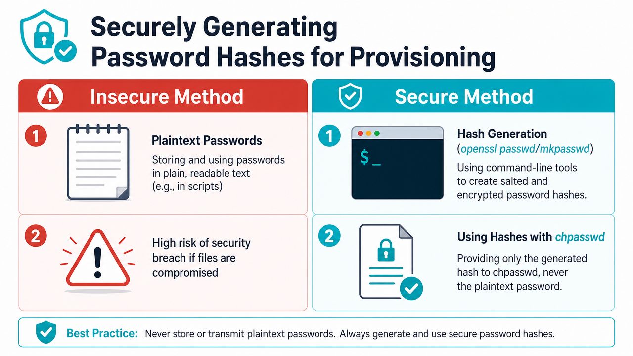 A diagram comparing insecure plaintext password storage and secure password hashing methods for system provisioning.