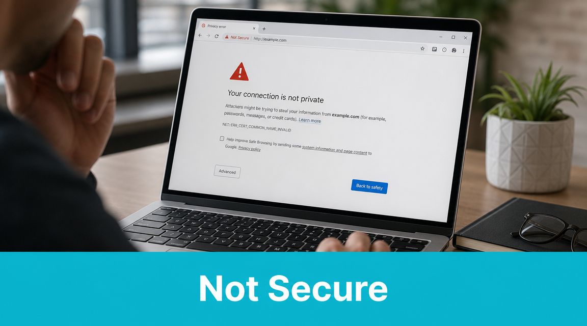 A person looks at a laptop screen displaying a Google Chrome connection is not private security error warning.