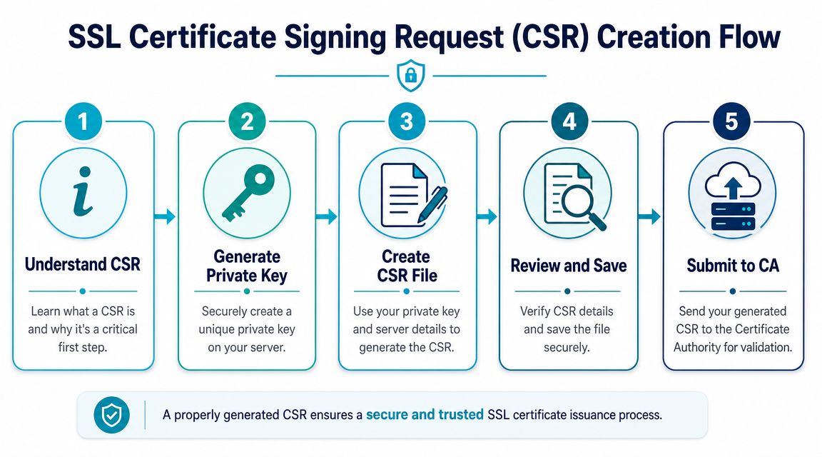 A five-step infographic explaining the process of creating an SSL Certificate Signing Request (CSR) for server security.
