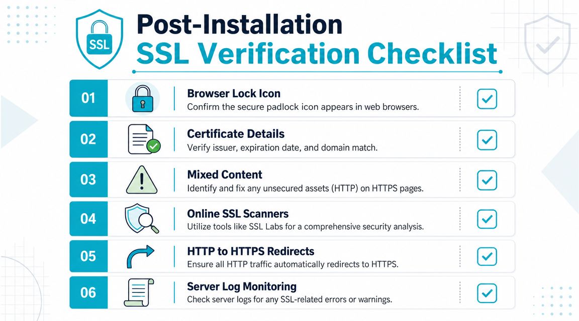A checklist infographic outlining six essential steps for verifying an SSL certificate installation on a website.