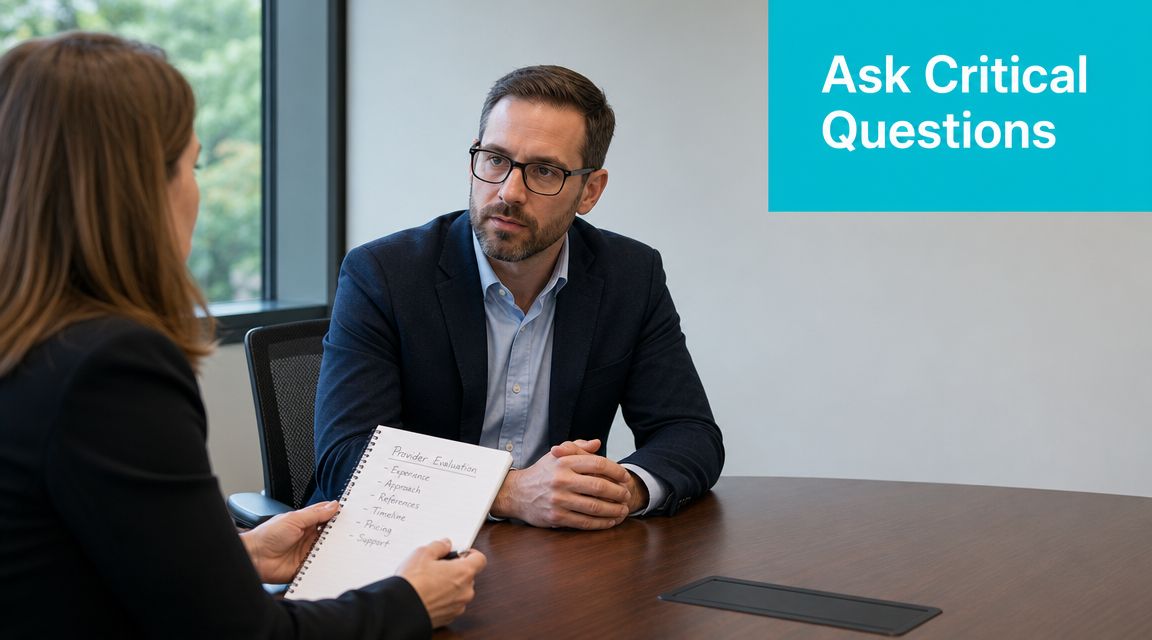 A professional woman holding a notepad during a business consultation with a man in an office.