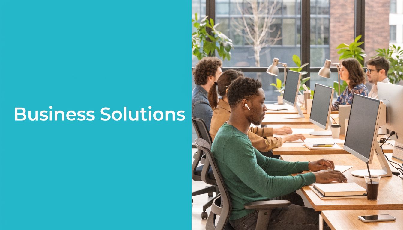 A diverse group of professionals working together in a modern office space with multiple computer workstations.