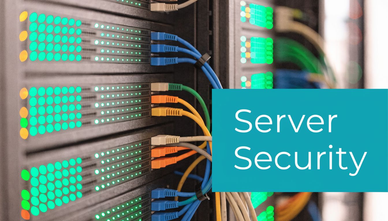 A close-up view of a server rack with colorful network cables and glowing green indicator lights.