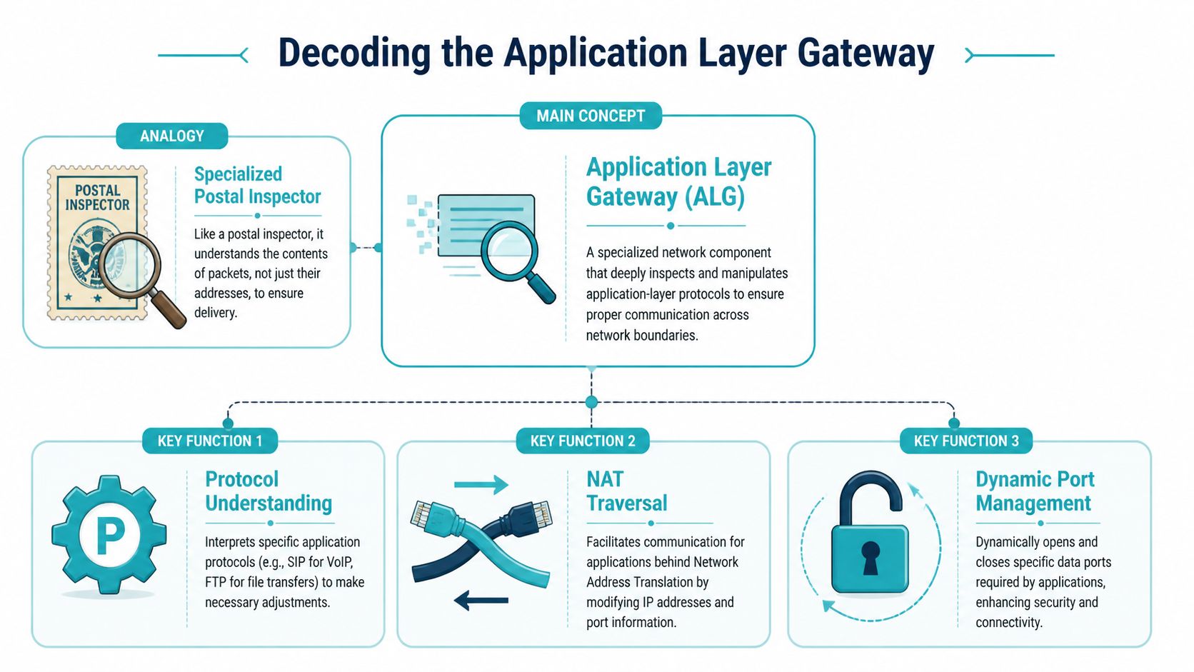 An infographic explaining an Application Layer Gateway (ALG) and its key functions including protocol understanding, NAT traversal, and port management.