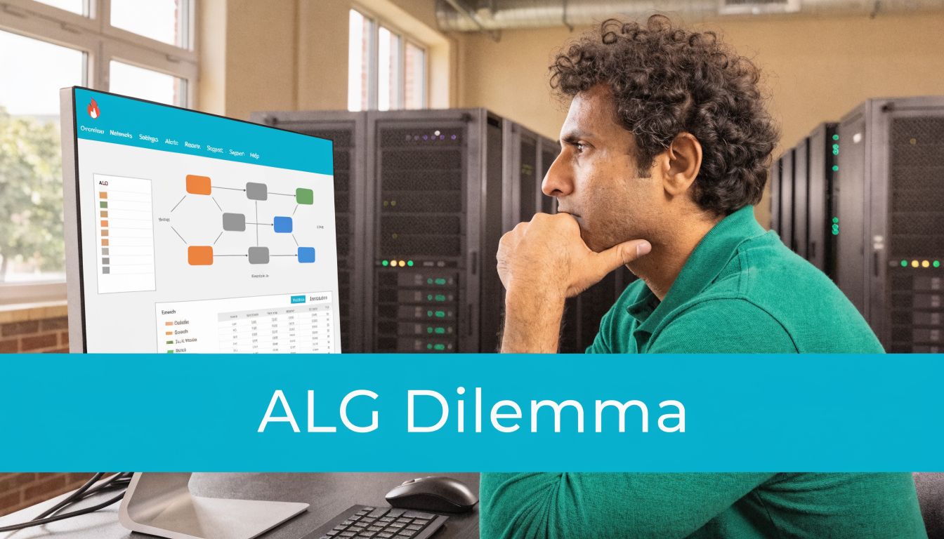 A man looking at a data flow chart on a computer screen in a server room.