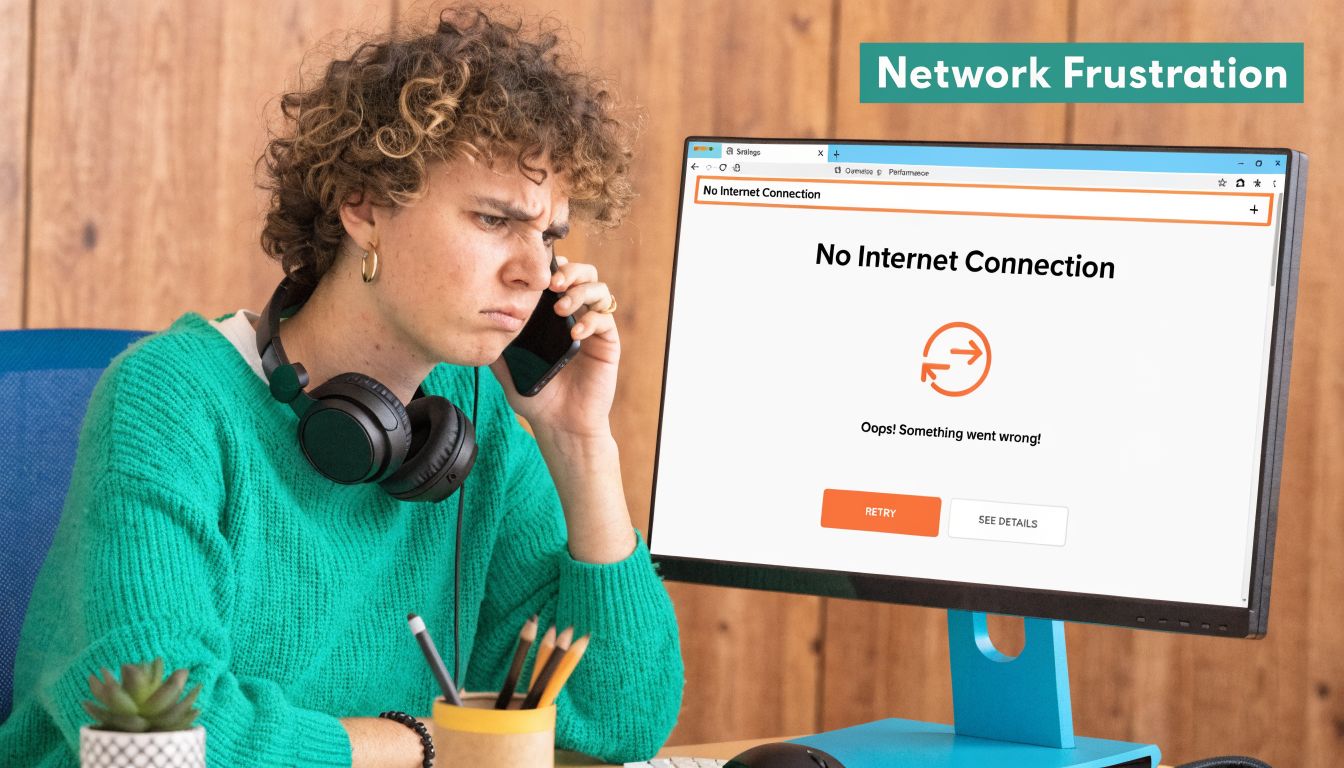 A frustrated student struggling with a no internet connection error on their computer monitor while on call.