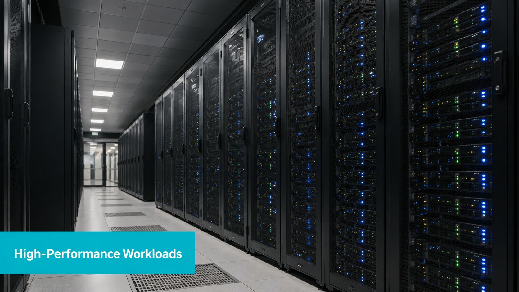 A long aisle in a modern data center featuring rows of server racks with flashing status lights.