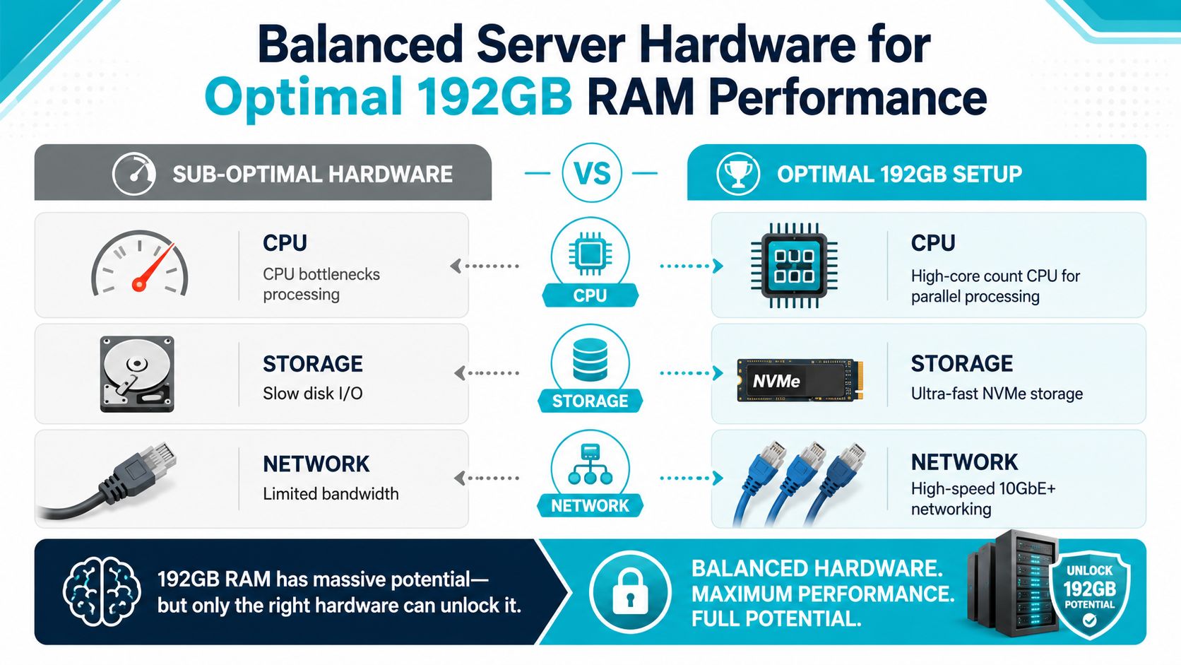 A comparison chart showing optimal hardware components like CPU, storage, and network needed to fully utilize 192GB RAM.