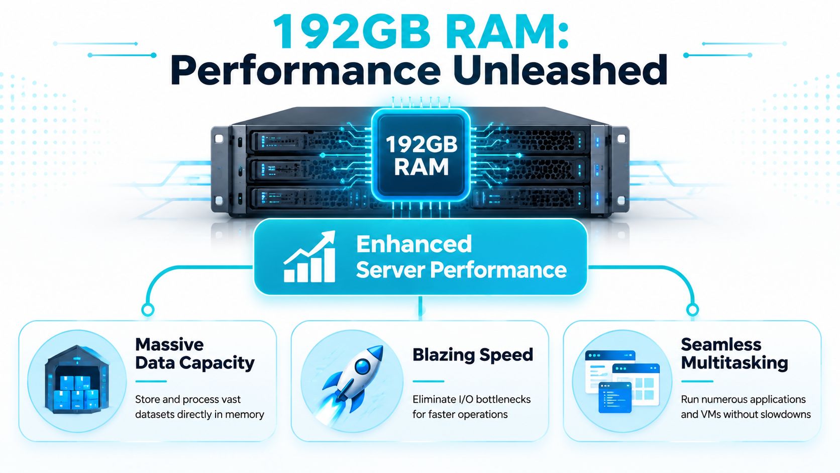 A professional infographic highlighting the performance benefits of a dedicated server equipped with 192GB of RAM.