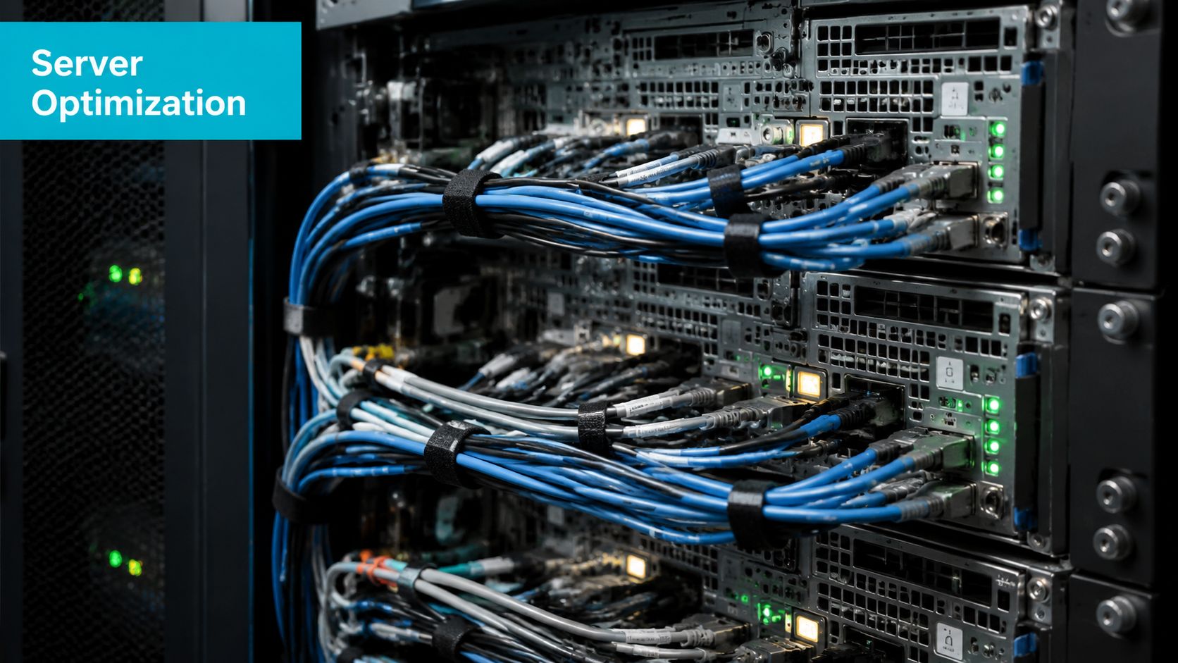 A close-up view of a high-performance server rack with organized blue network cables and glowing status lights.