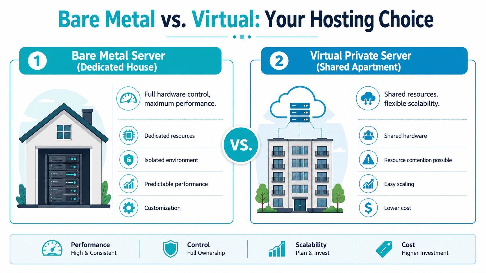A comparison infographic between bare metal dedicated servers and virtual private servers with key features.