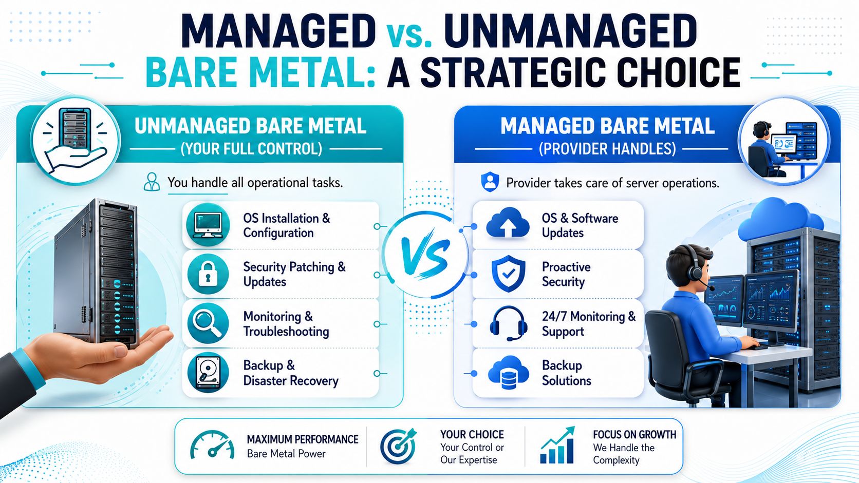 A comparison infographic between managed and unmanaged bare metal server hosting services for IT infrastructure decisions.