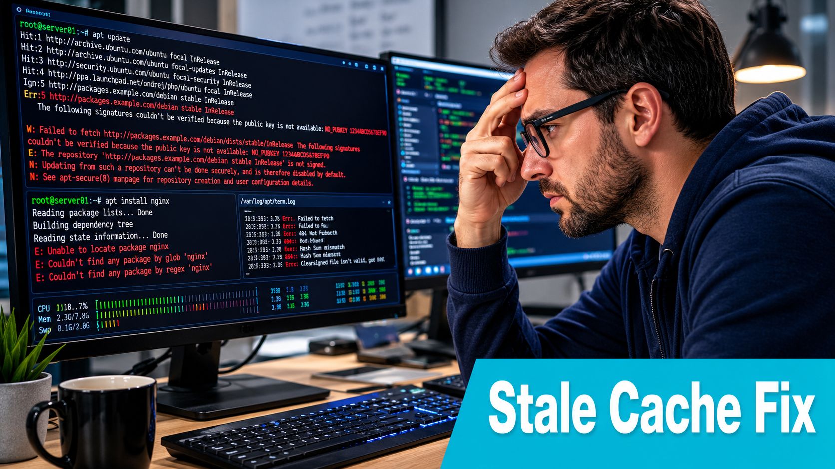 A frustrated developer looking at a computer screen showing Linux terminal errors and software package issues.