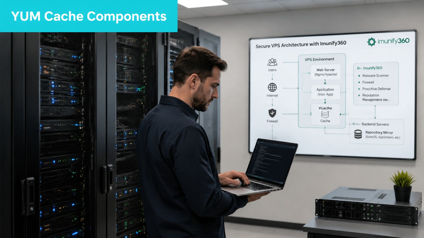 A systems administrator reviewing server architecture and Imunify360 security settings while working in a data center.