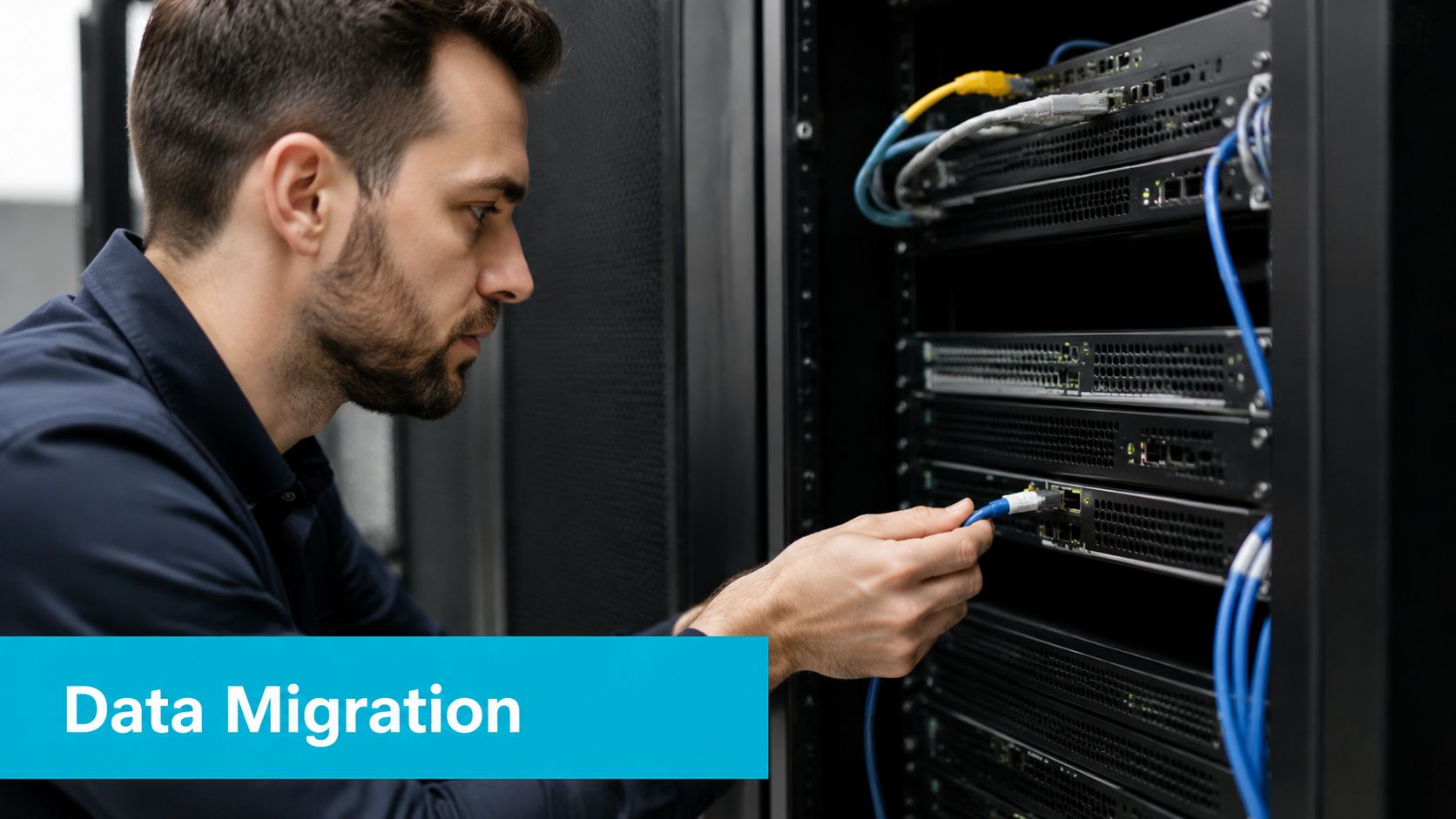A professional IT technician plugging a network cable into a server rack during data migration procedures.