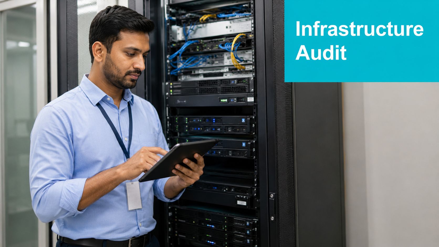 A professional IT engineer conducting an infrastructure audit using a tablet in a data center.