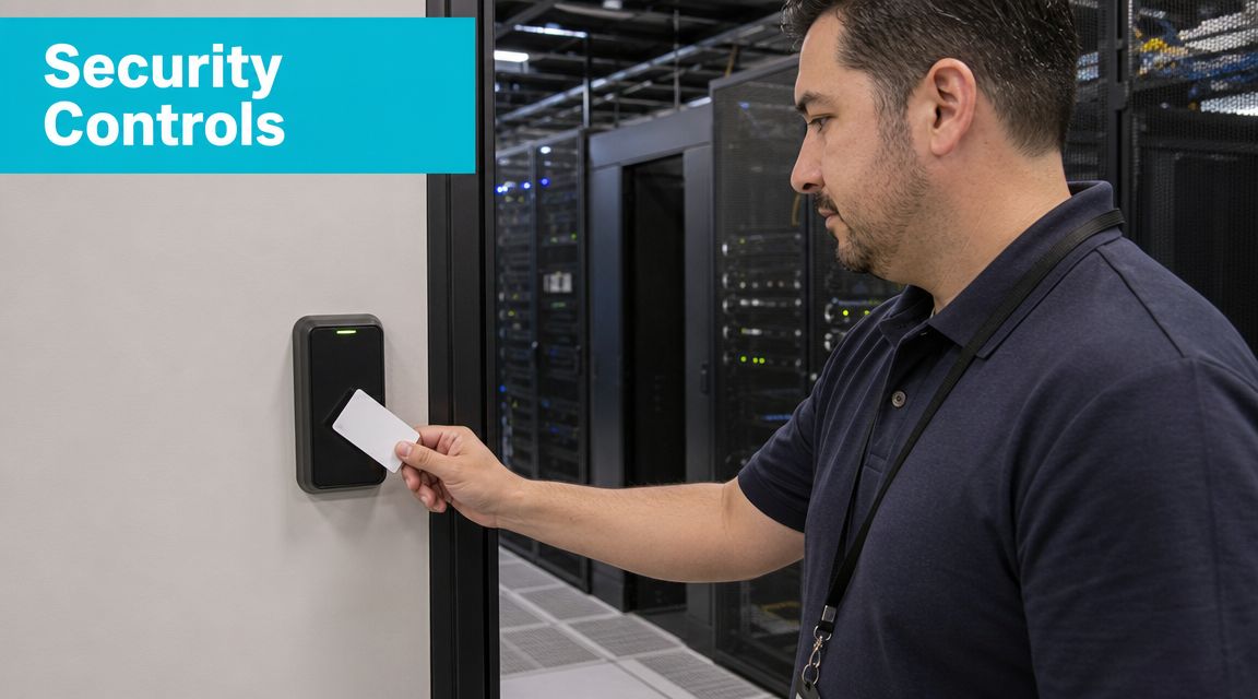 A man using an electronic key card to access a secure data center server room.