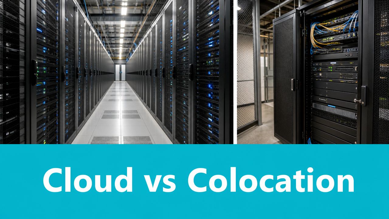 A modern data center featuring rows of server racks, highlighting the concepts of cloud computing and colocation.