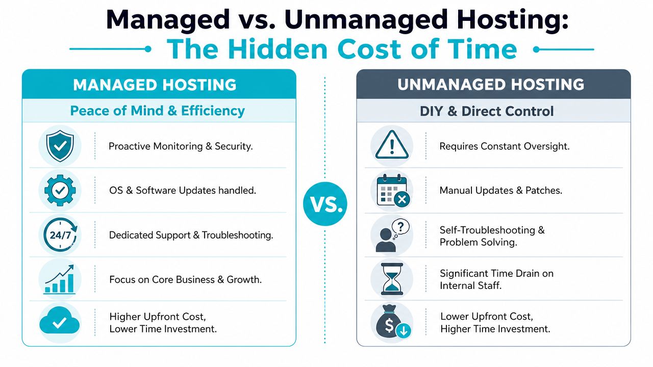 A comparison chart showing the differences between managed and unmanaged hosting, highlighting costs and time investment.