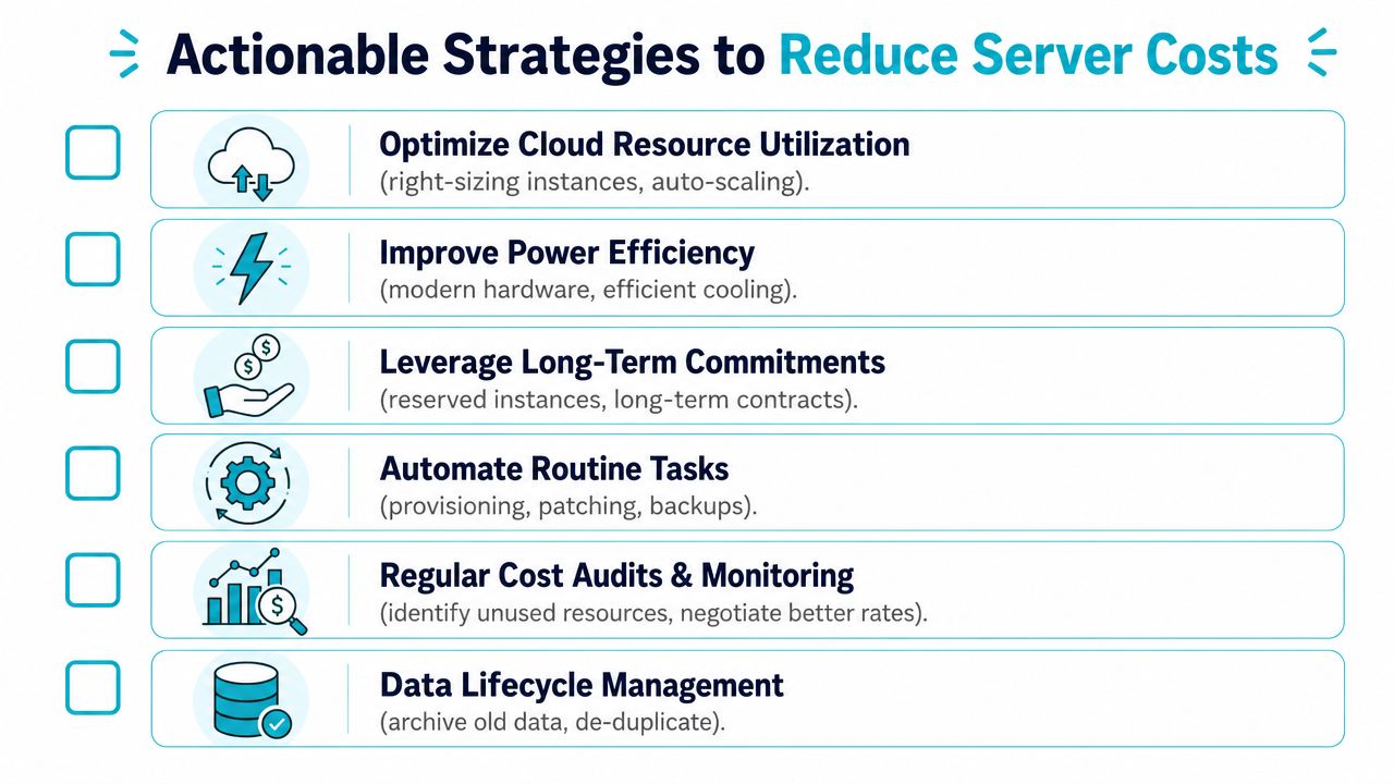 A list of six actionable strategies to effectively reduce server costs for businesses and IT infrastructure.