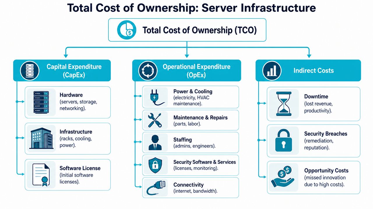 A diagram illustrating the total cost of ownership for server infrastructure, divided into CapEx, OpEx, and indirect costs.