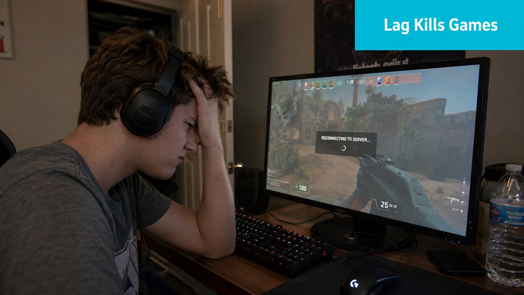 A frustrated young gamer wearing headphones reacts to a game disconnection screen on his desktop monitor.