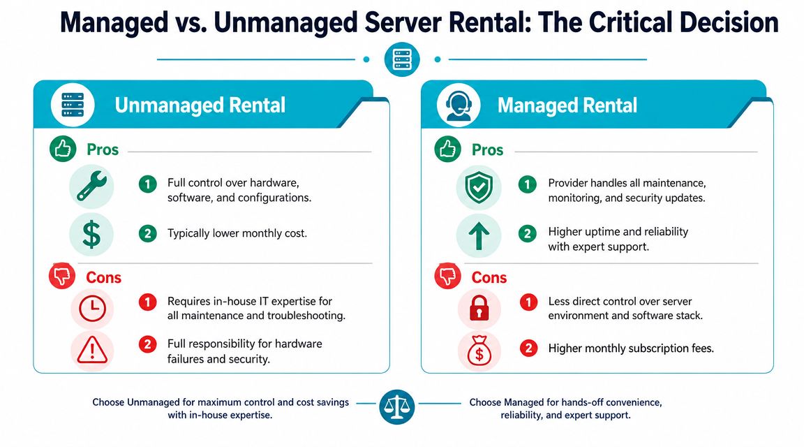 A comparison infographic detailing the pros and cons of choosing between managed and unmanaged server rental services.