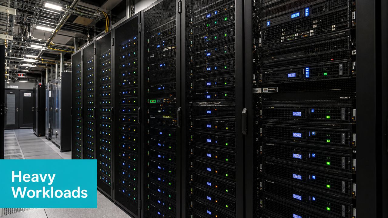 A row of black server cabinets with glowing blue and green status lights in a data center.