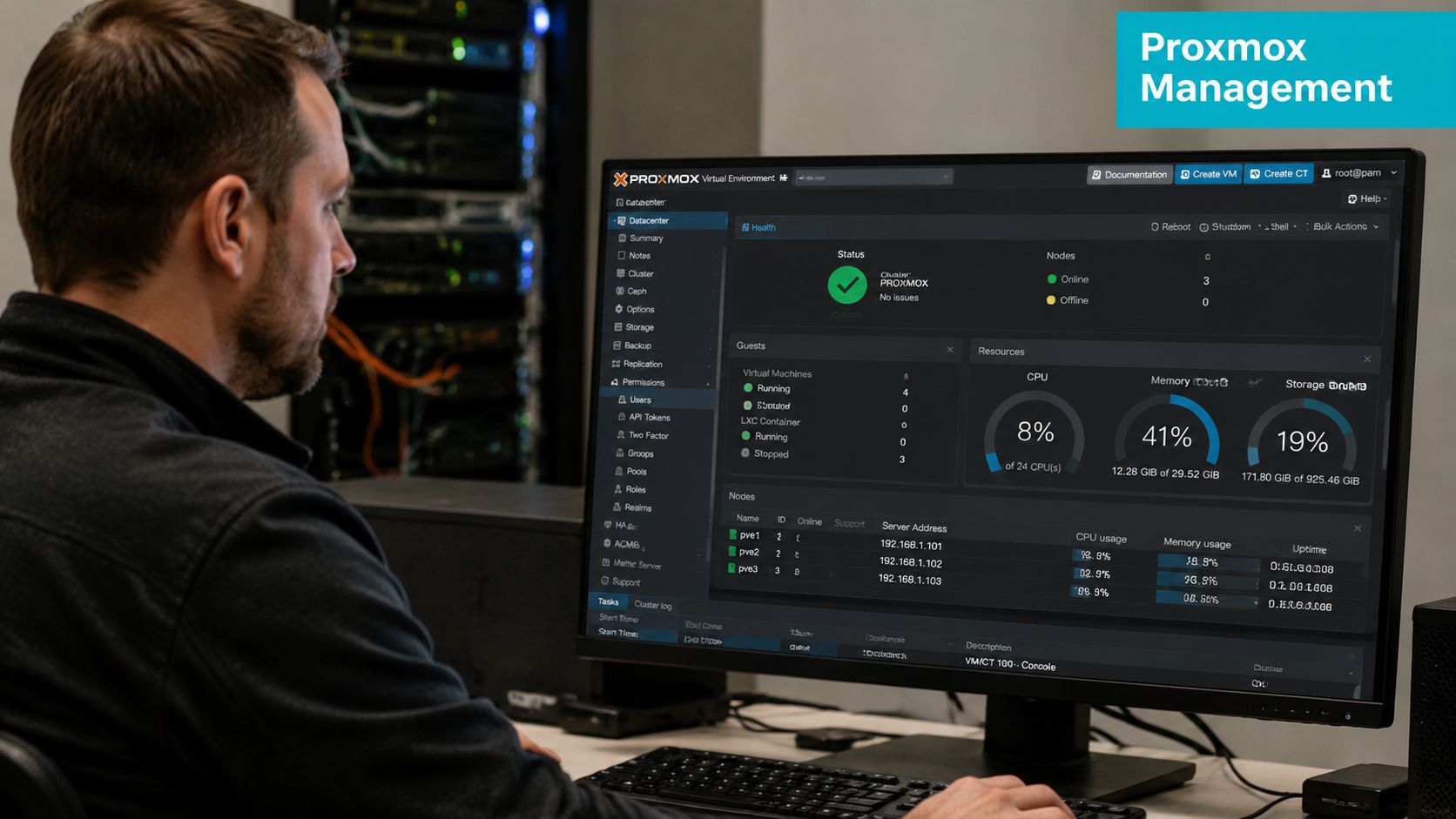 A professional managing a Proxmox virtual environment on a computer monitor in a data center.