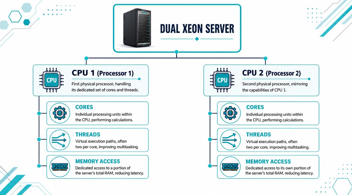 A diagram illustrating the architecture of a Dual Xeon Server with two processors, cores, threads, and memory access.