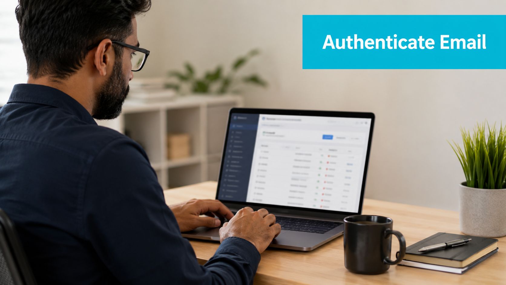 A professional man working on a laptop while focusing on email deliverability and authentication software.