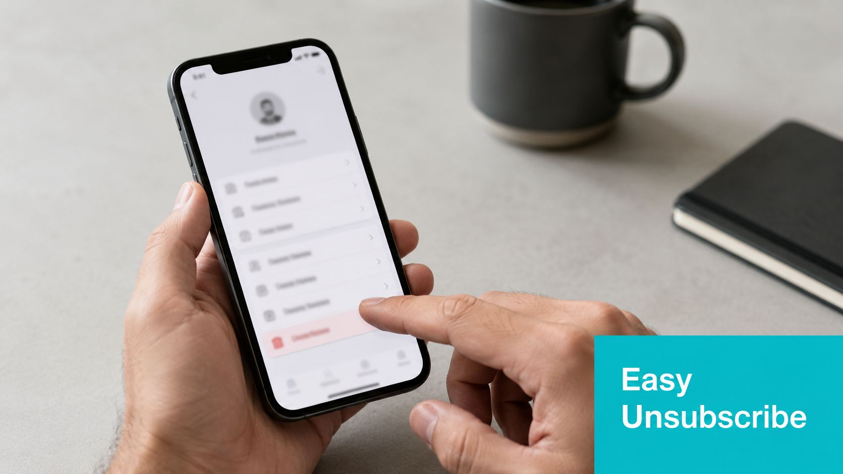A close-up view of a person using a smartphone to easily unsubscribe from an email list.