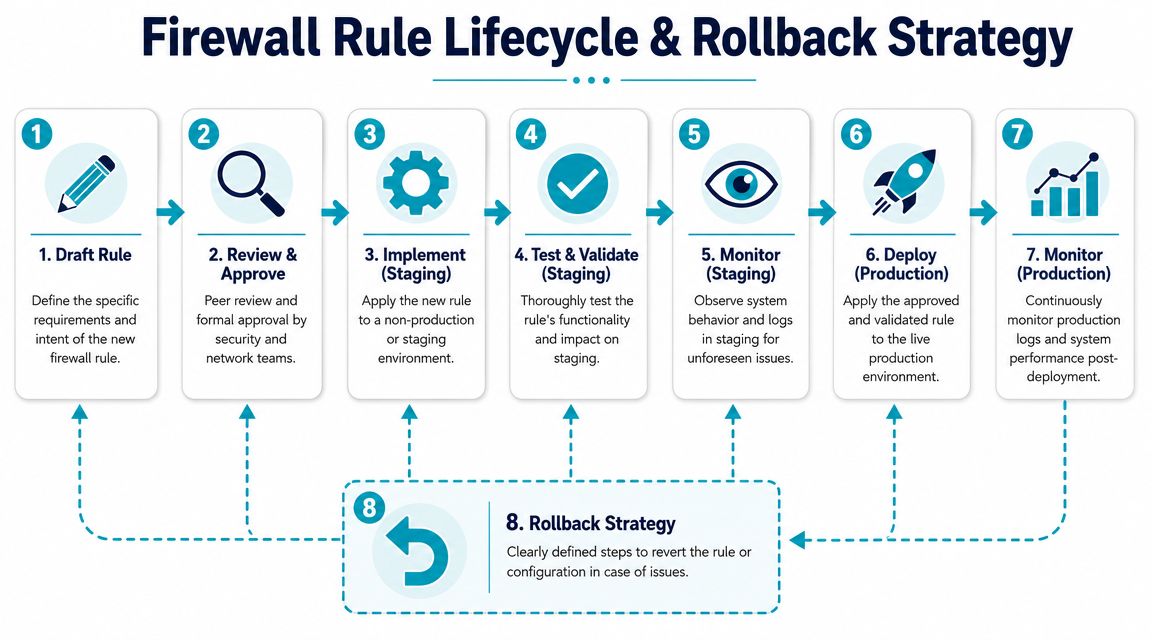 A diagram illustrating the seven stages of a firewall rule lifecycle and its corresponding rollback strategy.