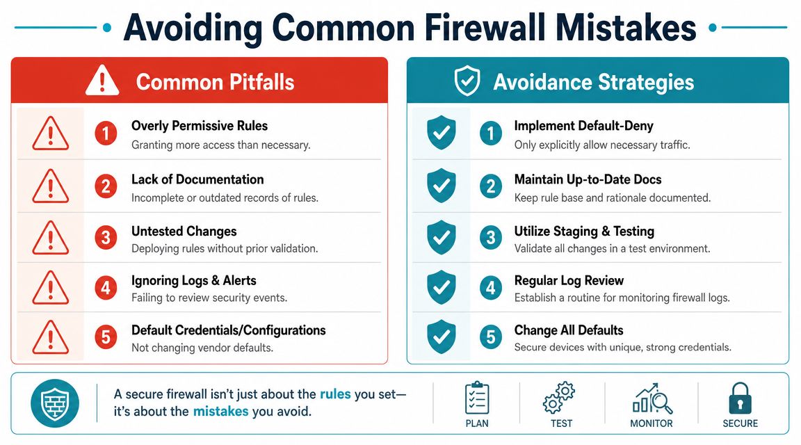 An infographic titled Avoiding Common Firewall Mistakes comparing five common security pitfalls with five recommended avoidance strategies.