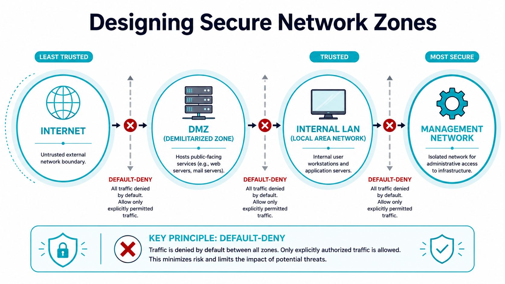 A diagram illustrating secure network zoning principles, showing the progression from the internet to a management network.