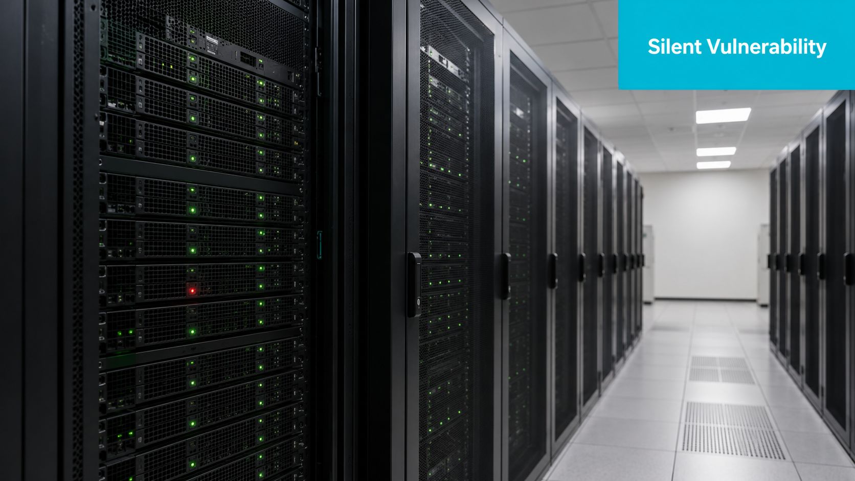 A row of black server racks in a modern data center with green status lights blinking.