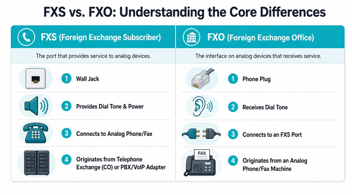 A comparison chart explaining the technical differences between FXS and FXO analog telephone interface ports.