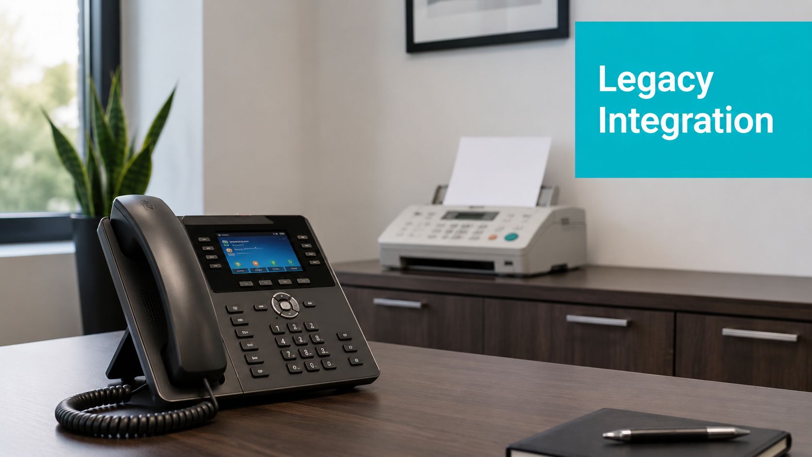 A modern VoIP office desk phone sits on a wooden desk next to a classic fax machine.