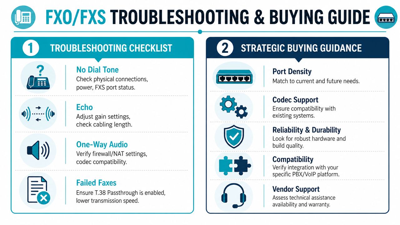 A professional infographic guide detailing common FXO and FXS troubleshooting tips and strategic buying considerations for VoIP systems.