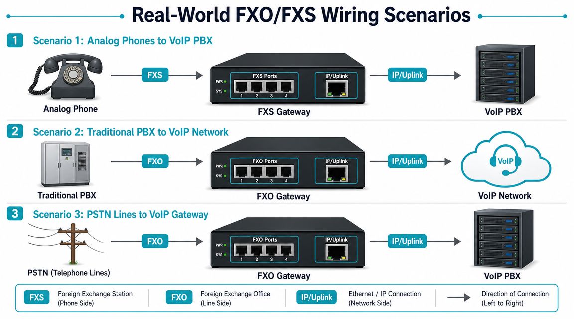 A diagram illustrating three real-world wiring scenarios connecting analog devices and telephone lines to VoIP networks via gateways.