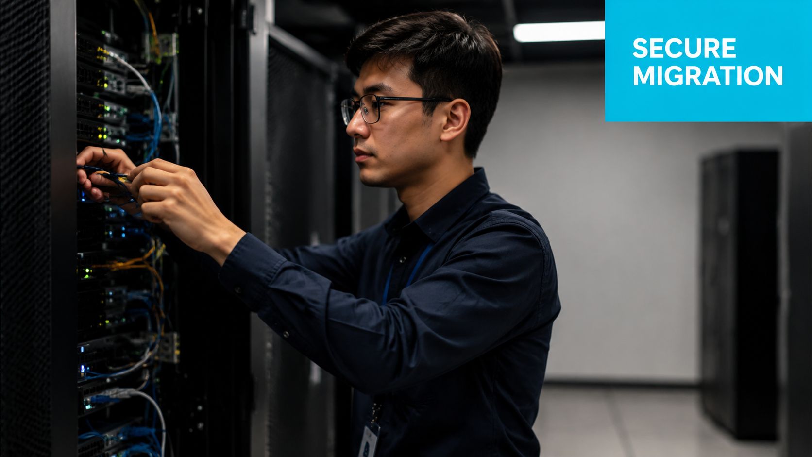A professional IT technician working on server hardware in a secure data center environment.