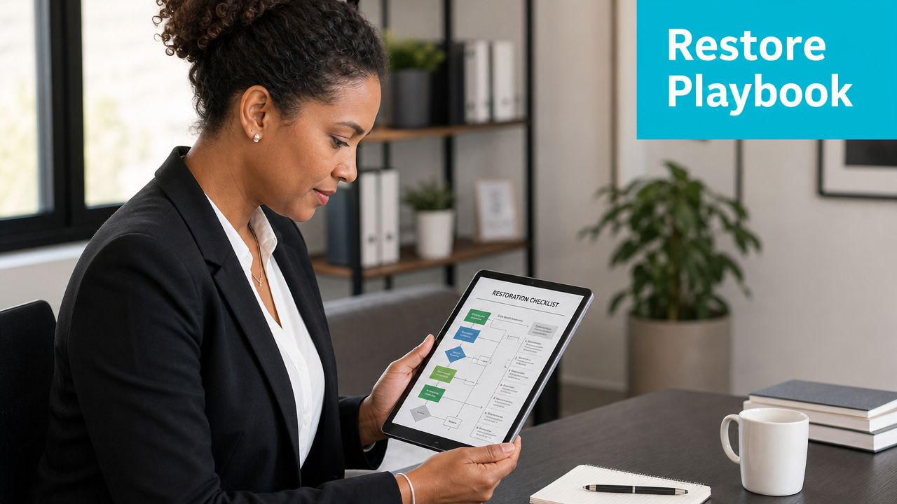 A professional woman in a blazer reviewing a digital restoration checklist on her tablet at her desk.