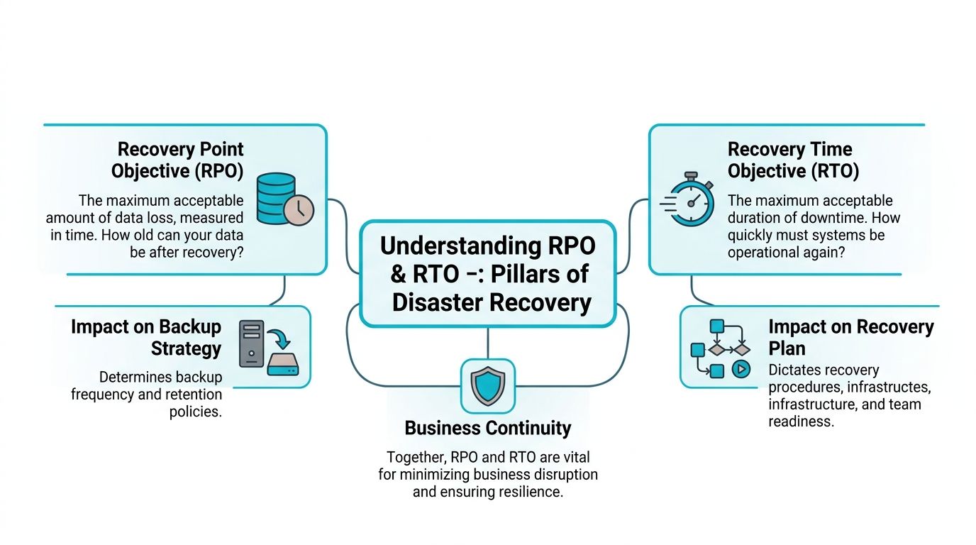 A diagram explaining RPO and RTO as the foundational pillars of effective business disaster recovery strategies.