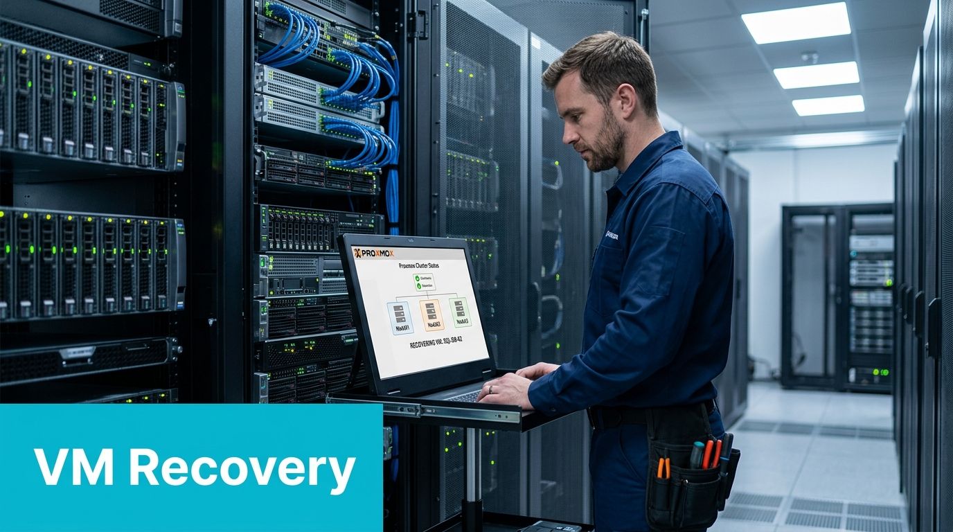 A technician using a laptop to perform virtual machine recovery in a modern data center server room.